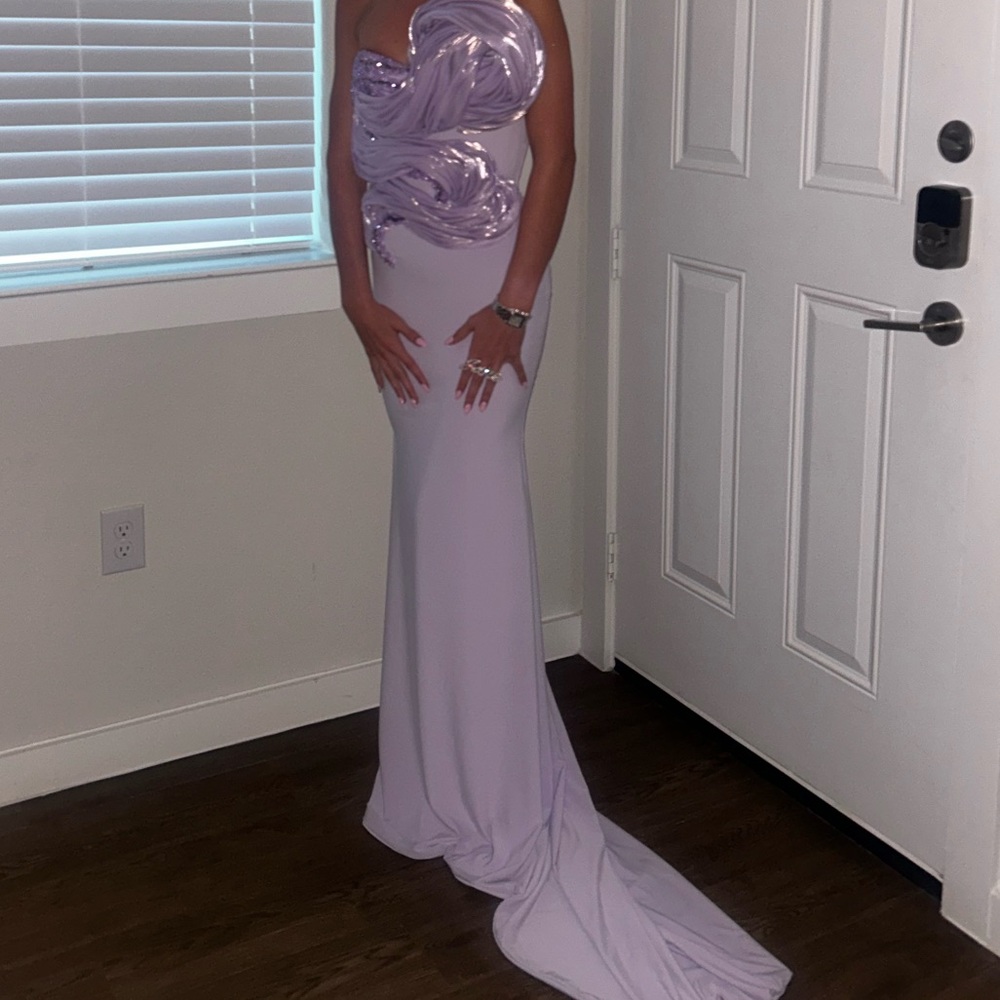 Strapless Lavender Prom Gown with Sculpted Bodice